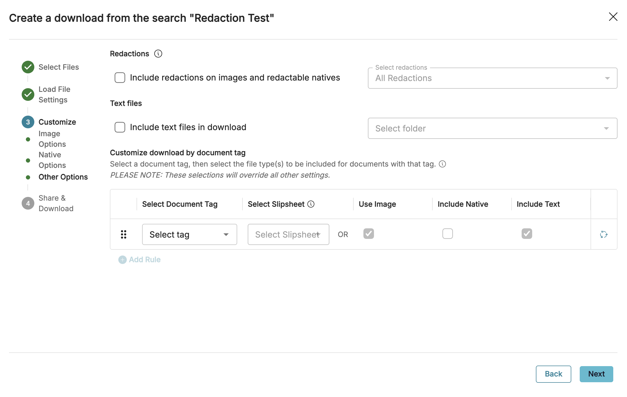 Options for customizing document downloads, including file settings and document tags.